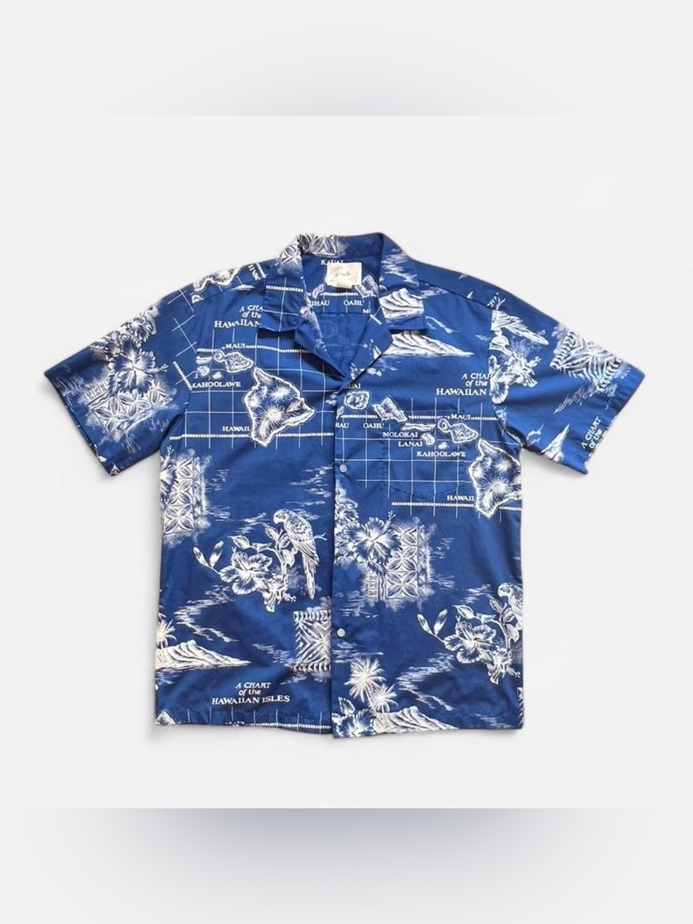 Vintage 80s 90s Howie Blue Hawaiian Shirt A Chart of the Hawaiian Isles Map